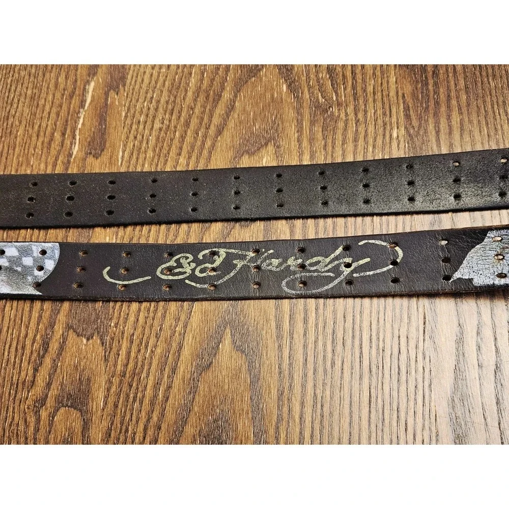 Vtg Y2K Ed Hardy Spell-Out Bulldog Tiger Genuine Leather 3 Prong Belt 46.5